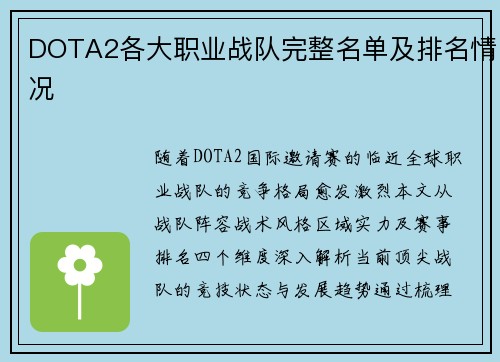 DOTA2各大职业战队完整名单及排名情况