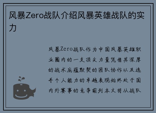 风暴Zero战队介绍风暴英雄战队的实力