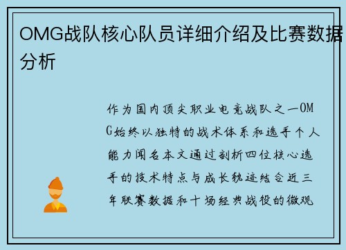 OMG战队核心队员详细介绍及比赛数据分析